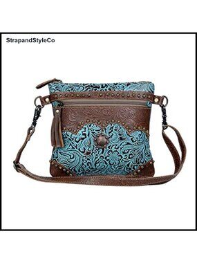 Cowhide Satchel Handbag with Leather Strap & Paisley Pattern